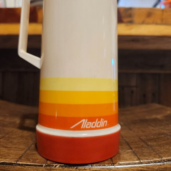 Vintage 80s Aladdin Thermos 16oz Red Yellow Orange Stripe Retro Camping Lip Cup - Picture 4 of 8